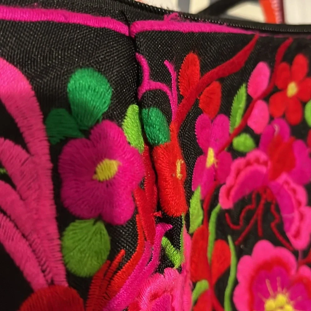 Colorful Embroidered Floral Boho Crossbody Shoulder Bag with Pom Poms